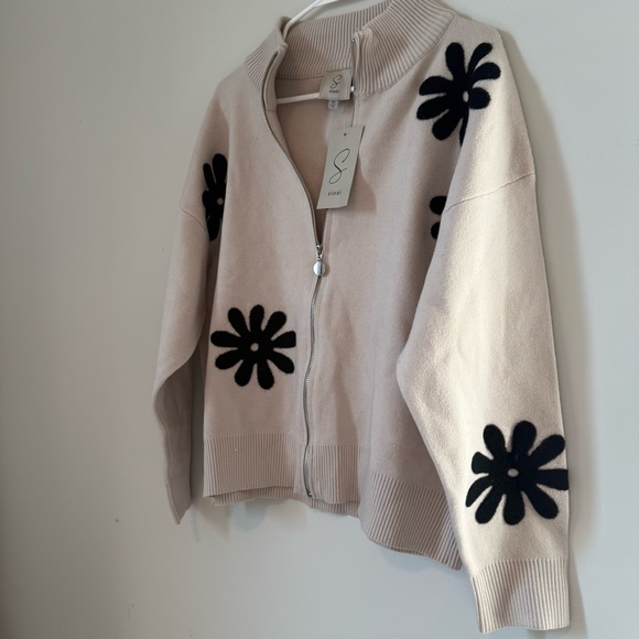 Sioni Granola Color Felt Mod Floral 70s Inspired Women's Cardigan Sweater - Picture 5 of 8